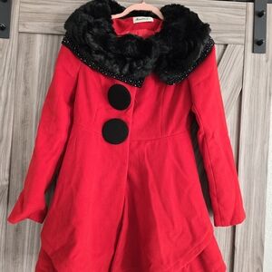 Elegant Red Women's Coat with Black Fur Collar